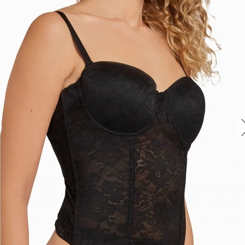 Nicole Miller Black Lace Power Mesh Bustier Removable Straps Hook & Eye‎ Sz 36C